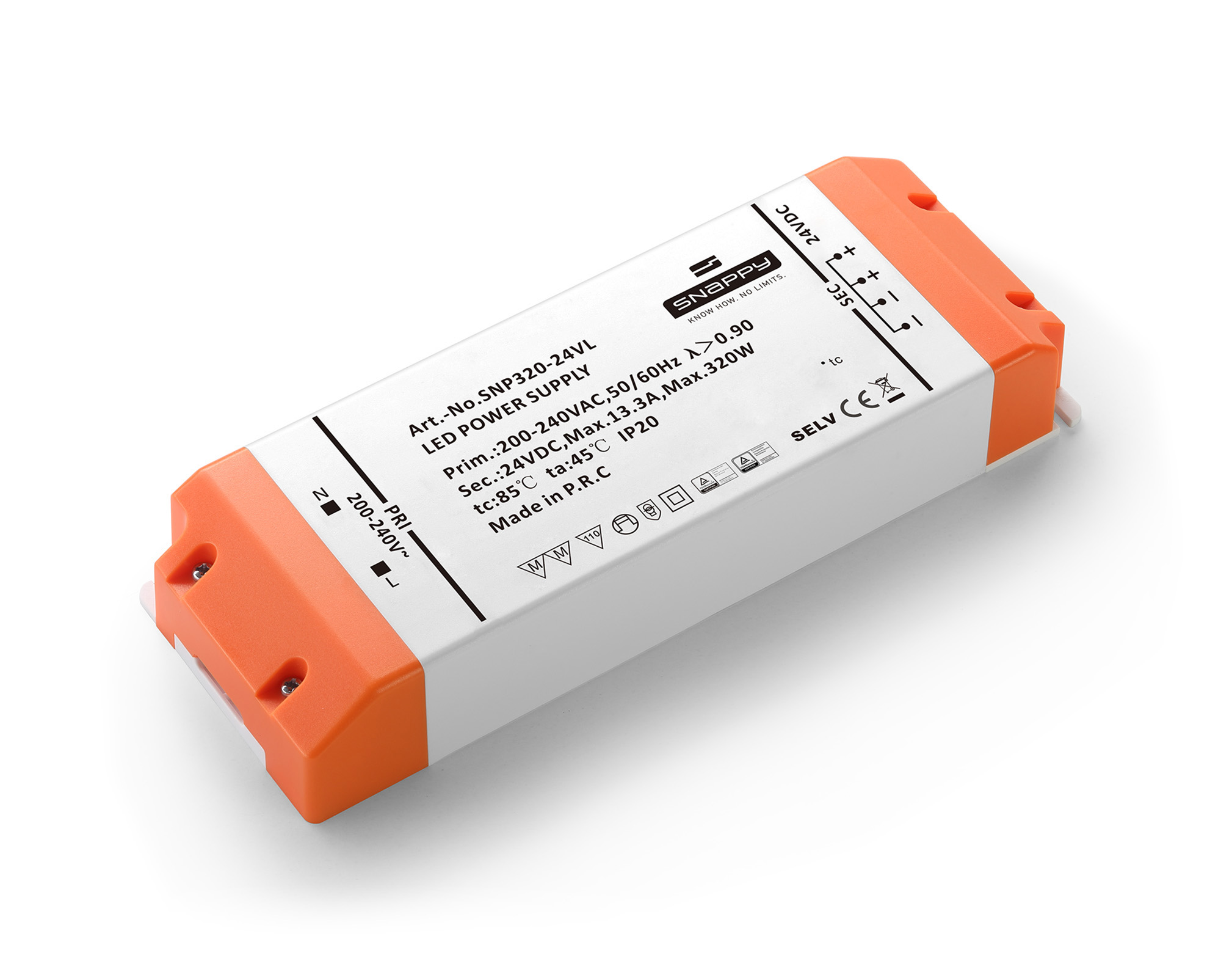 SNP320-24VL  SNP, 320W, Constant Voltage Non Dimmable PC Line type LED Driver, 24VDC, 13.3A, Pf>0.9, TC:+85?, TA:45?, IP20, Screw Connection, 3yrs Warranty.
